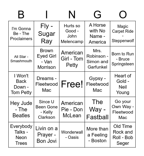 Family Friendly Rock Bingo Card