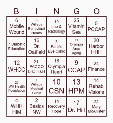 WHH Health & Wellness Fair 2025 Bingo Card