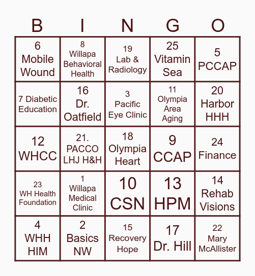 WHH Health & Wellness Fair 2025 Bingo Card
