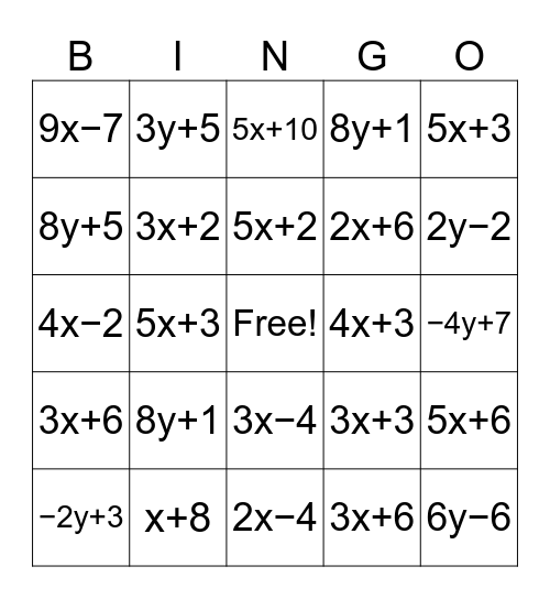 Distributive Property Bingo Card