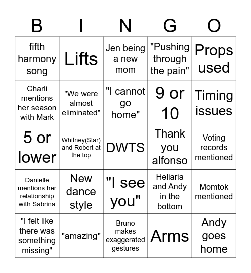 Dancing with the stars Bingo Card