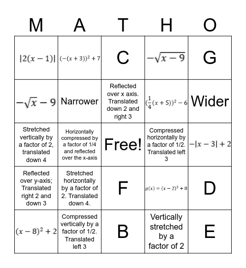 Transformations Bingo Card