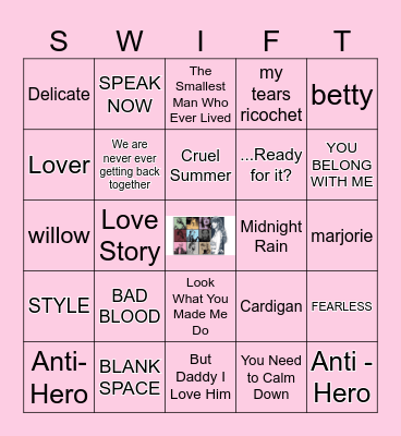 TAYLOR SWIFT SONGS Bingo Card