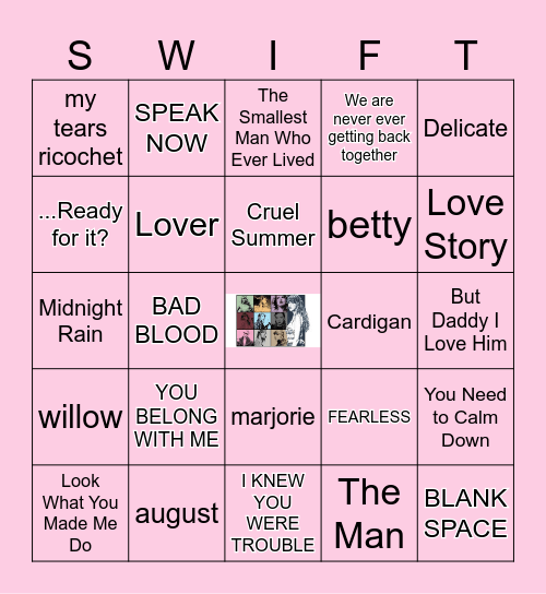 TAYLOR SWIFT SONGS Bingo Card