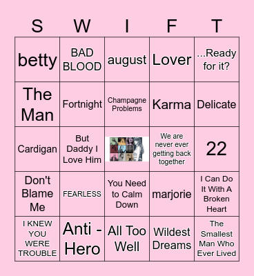 TAYLOR SWIFT SONGS Bingo Card
