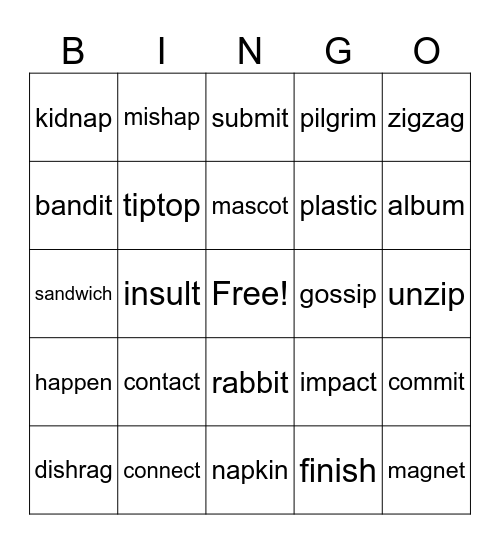 Closed + Closed Syllables Bingo Card