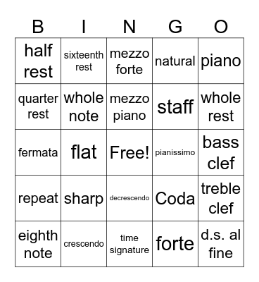 Musical Markings Bingo Card