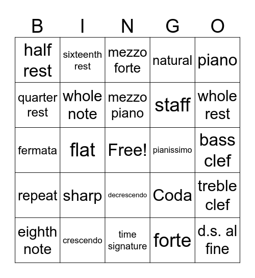 Musical Markings Bingo Card