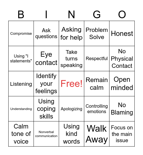 Conflict Resolution Skills Bingo Card