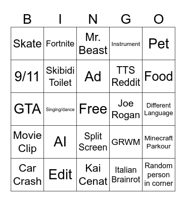 YT Shorts Bingo Card