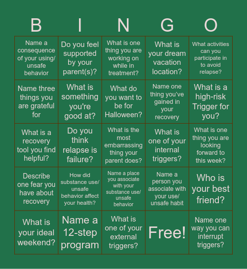 Recovery Bingo Card