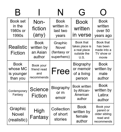 Silent Reading Bingo Card