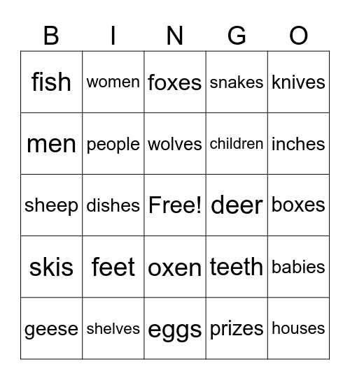Irregular Nouns Bingo Card