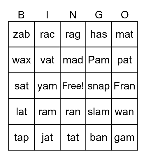 Short A  and Nasalized A Bingo Card