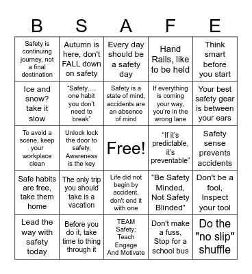 Safety Bingo Card
