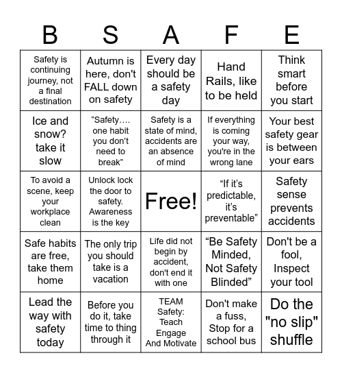 Safety Bingo Card