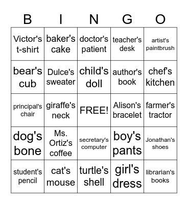 Singular Possessive Nouns Bingo Card