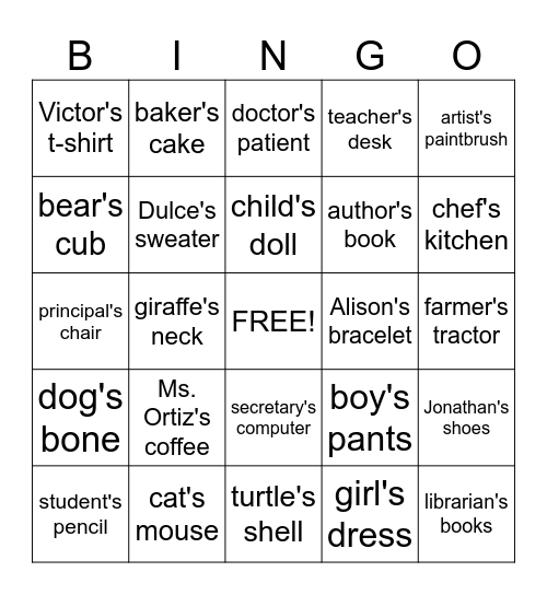 Singular Possessive Nouns Bingo Card