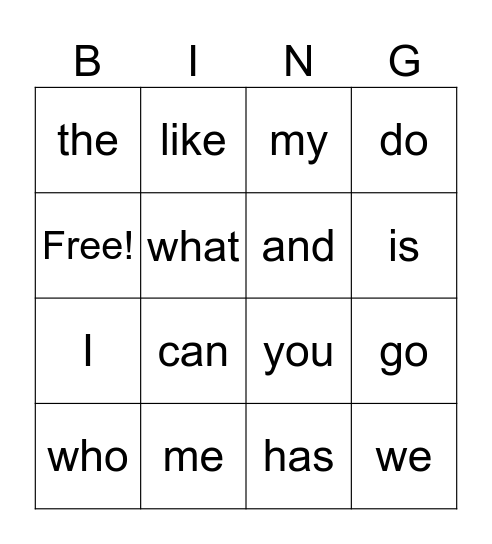 Sight Words Bingo Card