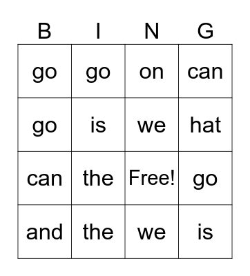 Sight Words Bingo Card