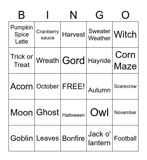 All Things Fall Bingo Card