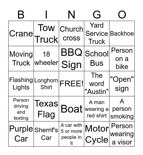 Fletcher's Car Bingo Card