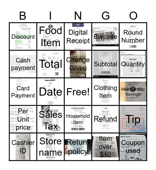 Reading Receipts Bingo Card