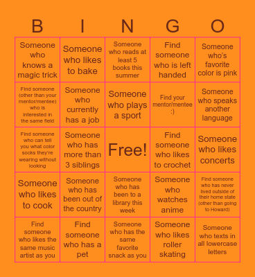 Mentorship Meet and Greet Bingo Card