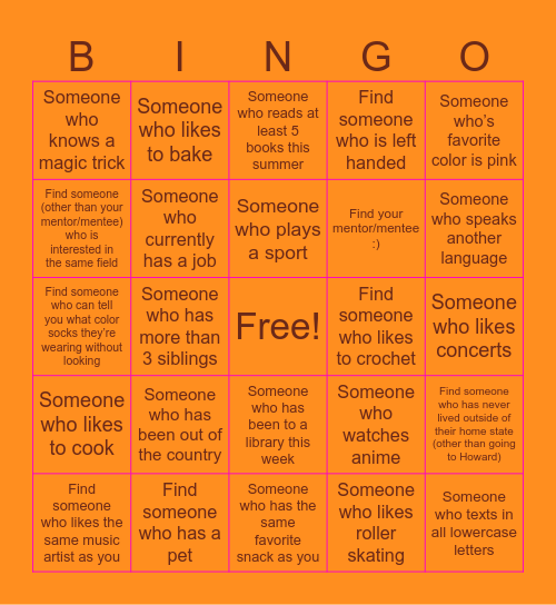 Mentorship Meet and Greet Bingo Card