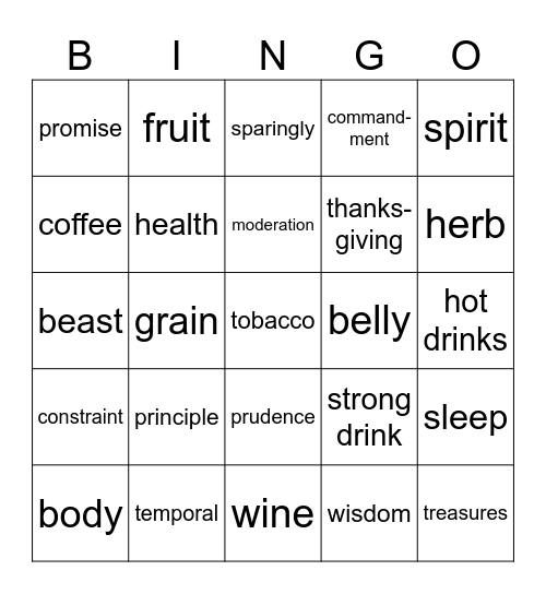 Word of Wisdom Bingo Card