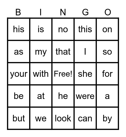 Sight Word BINGO Card
