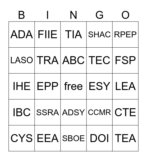 ACRONYM BINGO Card