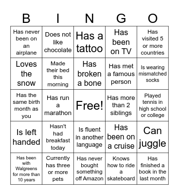 Getting to Know You Bingo Card