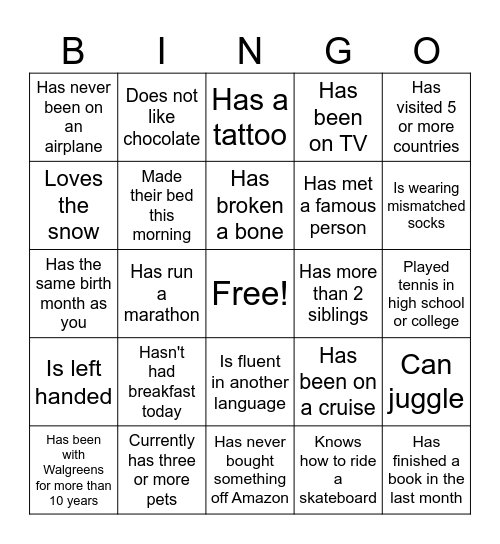 Getting to Know You Bingo Card