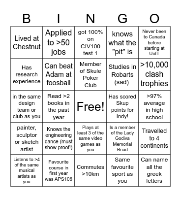 Indy Club Mentorship Human Bingo Card
