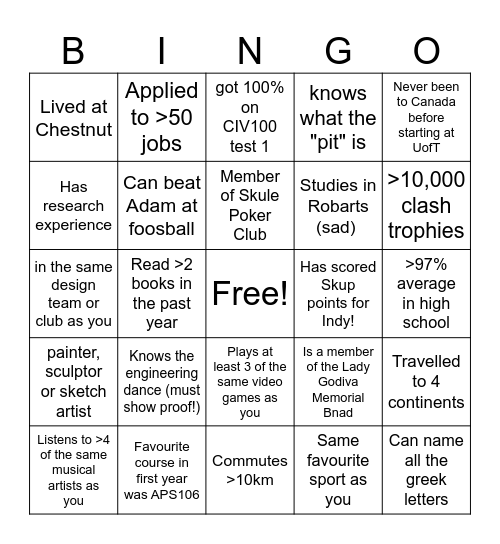 Indy Club Mentorship Human Bingo Card