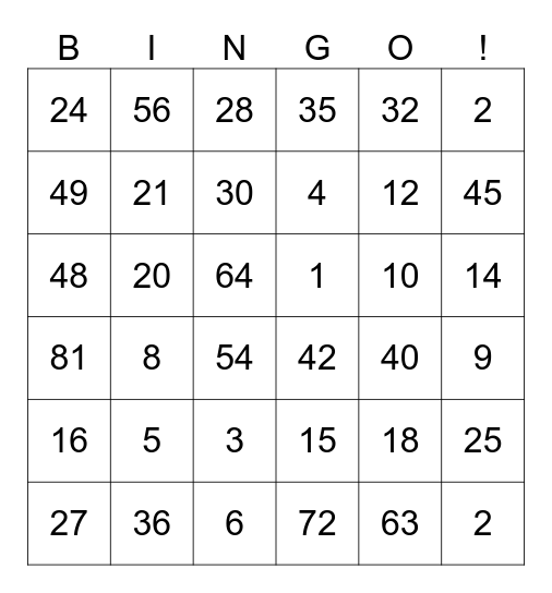 Multiplication Bingo Card