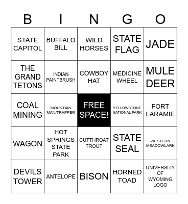 WYOMING BINGO! Bingo Card