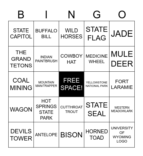 WYOMING BINGO! Bingo Card