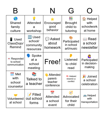 Parent Engagement BINGO Card
