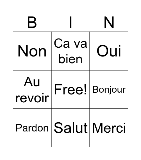 French Bingo Card