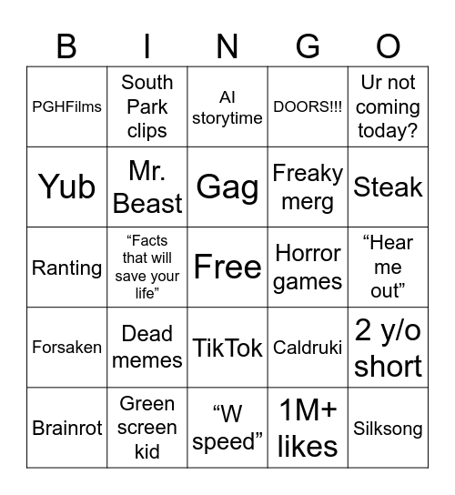 YTShorts Bingo Card