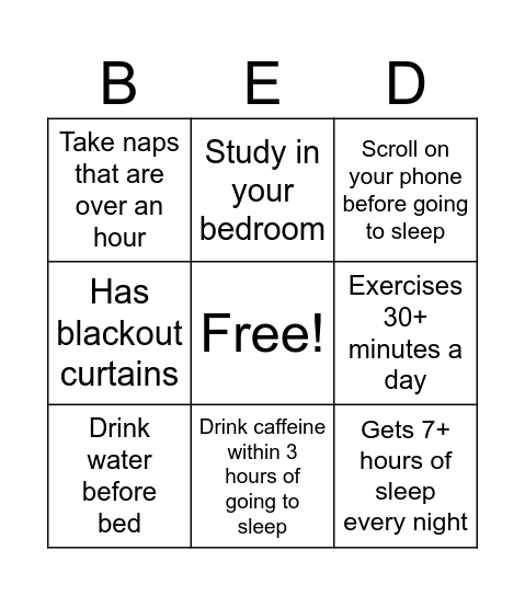Sleep Habit Bingo Card