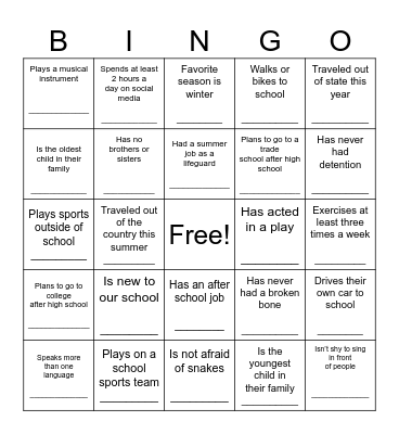 Get to Know Your Class! Bingo Card