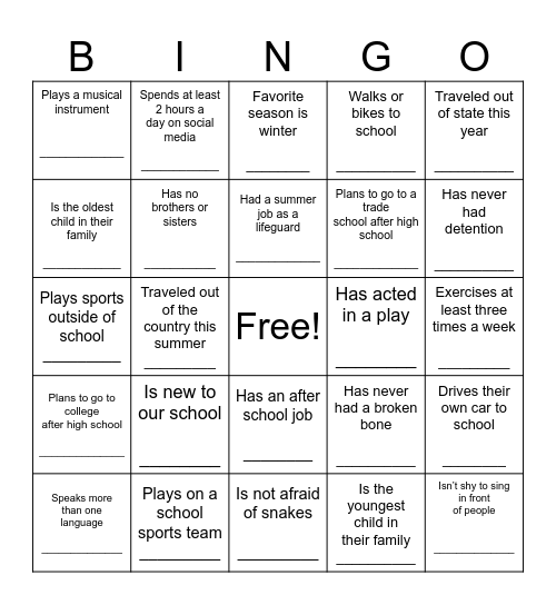 Get to Know Your Class! Bingo Card