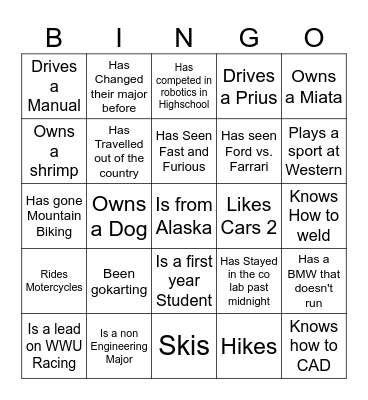 WWU Racing Bingo Card