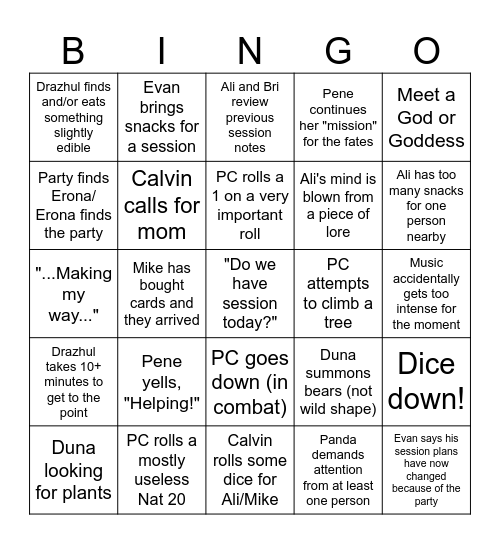DND Bingo Board Bingo Card
