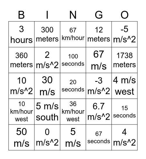 Speed, Velocity, & Acceleration Bingo Card