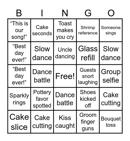 Sarah and Will's Wedding Bingo Card