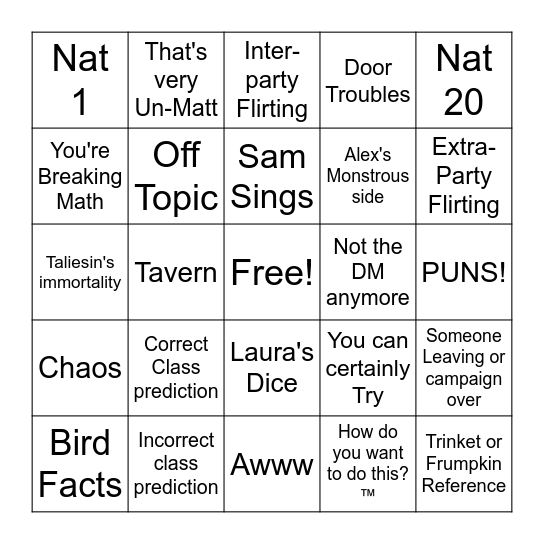 Critical Role Bingo for Campaign 4 premier Bingo Card
